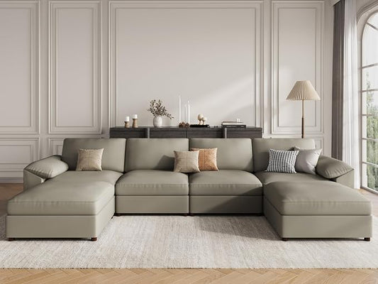EASE MOOSE Oversized U Shaped Couch,Modular Sectional Convertible Sofa with Wide Deep,Extra Large Faux Leather Scratch Resistant Modern Couch for Big Spaces,Light Grey