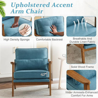 VINGLI Solid Wood Wide Armrests Accent Chair,Upholstered Mid Century Modern Chair with Pillow,Comfy Reading Chair Farmhouse Arm Chair,Chairs Living Room,Bedroom,Guest Room,Linen Fabric,Navy Blue