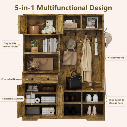 Einhomn 5-in-1 Hall Tree with Bench and Shoe Storage, 51" W Entryway Organizer Coat Rack with 9 Hooks, 4 Storage Cabinets, Drawer, Open Cubbies for Mudroom, Hallway, Living Room, Rustic Brown