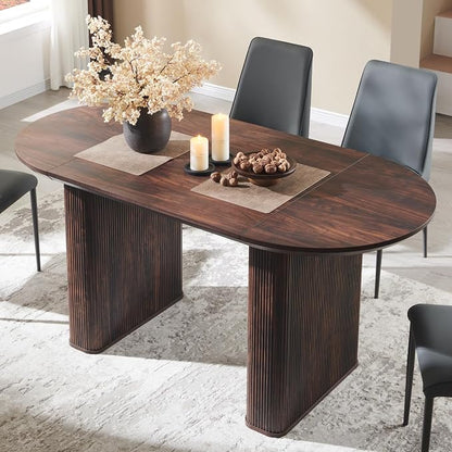 T4TREAM 63" Fluted Oval Dining Table for 4-6, Mid-Century Modern Kitchen Table with Thickened Edge & Strip Pedestal Base, Wood Luxury Table for Dining Room/Kitchen/Home Office, Walnut (Table Only)