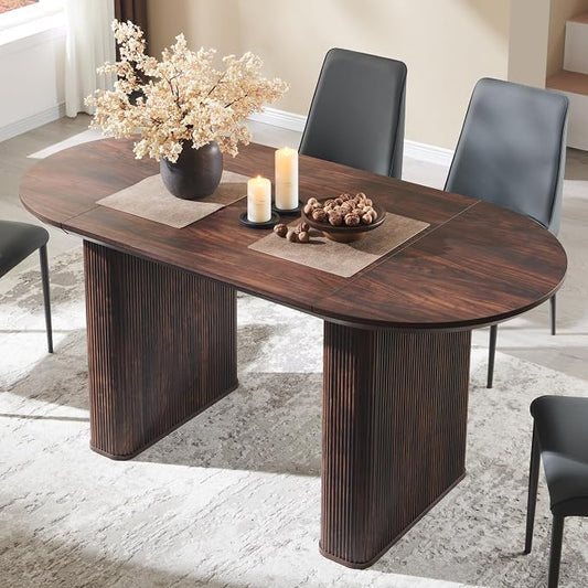 T4TREAM 63" Fluted Oval Dining Table for 4-6, Mid-Century Modern Kitchen Table with Thickened Edge & Strip Pedestal Base, Wood Luxury Table for Dining Room/Kitchen/Home Office, Walnut (Table Only)