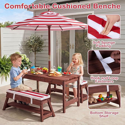 Costzon 4-in-1 Kids Picnic Table with Umbrella, Sand & Water Sensory Bins | Wooden Toddler Outdoor Table with Benches, Cushions, Cover, Gardening Tools, Kids Outdoor Furniture for Patio Backyard