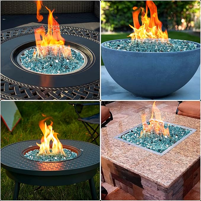 Onlyfire 10 lbs Fire Glass Rocks 1/4 Inch, Reflective Tempered Glass for Propane Fire Pit & Gas Fireplace, High Luster Firepit Glass Stones for Fire Table, Aqua Blue (Multicolor Options Available)