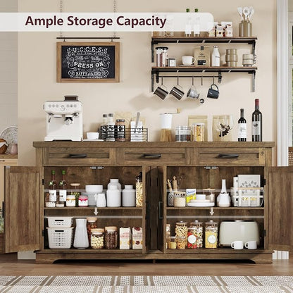 usikey 61" Large Buffet Cabinet with 4 Doors and 3 Drawers, Farmhouse Buffet Sideboard Cabinet with Storage, Coffee Bar Wine Bar for Living Room, Honey Brown