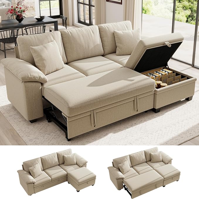 Ihanherry 86" Modular Sectional Sofa with Pull Out Bed, 4-Seater L Shaped Sectional Sleeper Couch with Storage Ottoman, Chenille Convertible Couches for Living Room, Apartment (Sand)
