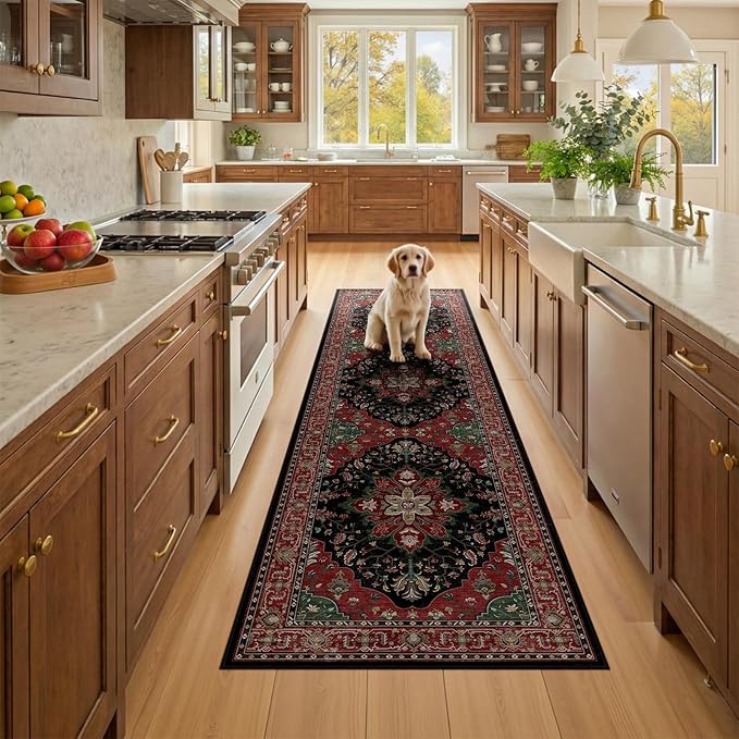RELEANY Area Rugs Runner 2'x8' Washable Non-Slip, Floral Vintage Distress Medallion Carpet for Kitchen Hallway Bedroom Beside Laundry Room Bathroom, Red Black
