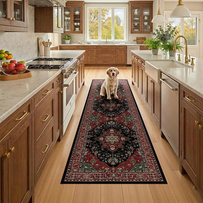 RELEANY Area Rugs Runner 2'x8' Washable Non-Slip, Floral Vintage Distress Medallion Carpet for Kitchen Hallway Bedroom Beside Laundry Room Bathroom, Red Black