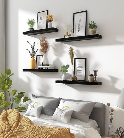 YYWUOJJ Wood Floating Shelves for Wall Decor, Rustic Wall Shelves for Bedroom Bathroom Kitchen Living Room, Set of 6 Black