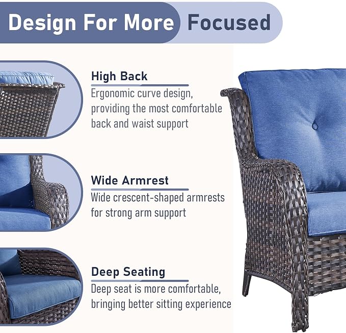 Outdoor Patio Furniture - 3 Seater Outdoor Rattan Wicker Sofa Patio Couch with Ottoman for Porch Deck Garden Backyard - Brown/Blue