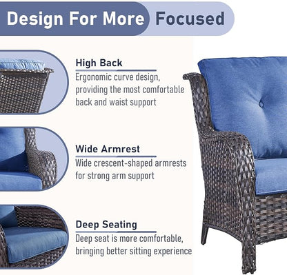 Outdoor Loveseat Sofa - 3 Piece Patio Furniture with Ottoman Deep Seating Patio Couch for Porch Deck Garden Backyard - Brown/Blue