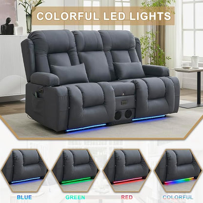 URRED Power Loveseat Recliner Sofa with Massage and Heat, Wall Hugger Reclining Loveseat with Console, RV Couch Home Theater Seating with LED Lights for Living Room (Blue Grey, 67" - 2 Seats)