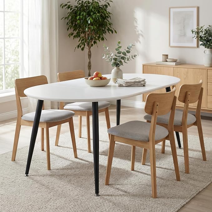 Extendable Round Dining Table for 4 6, Solid Wood for Dining Room Kitchen Office, 43"- 74" Modern Oval Kitchen Table, Removable Leaves Space Saving Expandable Dinner Table White