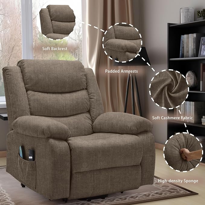 Korser Oversized Power Lift Recliner for Elderly, Electric Recliner Chairs with Massage and Heat, Extra Wide Recliner with Side Pockets, Reclining Chair for Living Room (Cashmere, Brown)