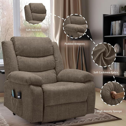 Korser Oversized Power Lift Recliner for Elderly, Electric Recliner Chairs with Massage and Heat, Extra Wide Recliner with Side Pockets, Reclining Chair for Living Room (Cashmere, Brown)