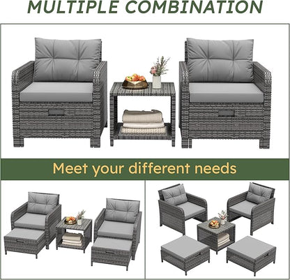 LHBcraft Balcony Furniture 5 Piece Patio Chairs Conversation Set, PE Wicker Rattan Outdoor Lounge Chairs with Soft Cushions 2 Ottoman-Glass Table for Porch, Charcoal