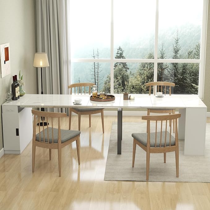 24"-118" Extendable Dining Table with Storage for 2-12 People, Modern Space-Saving Extra Long Wood Folding Table with USB & AC Outlets, Multifunctional Conference Meeting Table, White Marble