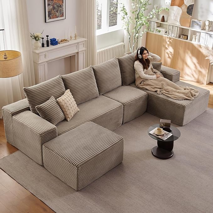 135" Modular Sectional Sofa with U Shaped Chaise, Upholstered Couches for Living Room with Deep Seat, No Assembly Required, Corduroy Cloud Couches, Camel(Right-Facing Chaise