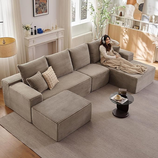 135" Modular Sectional Sofa with U Shaped Chaise, Upholstered Couches for Living Room with Deep Seat, No Assembly Required, Corduroy Cloud Couches, Camel(Right-Facing Chaise