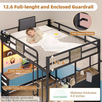 Dnxao Full Size Loft Bed with Desk, Heavy Duty Metal Bed Frame for Teens Adults, 6 Storage Drawers, Power Outlet with Type-C, LED Lights, Integrated Study Workstation for Small Room,Oak Gray