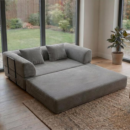 ZEIINPA 59“ Convertible Floor Sofa Bed, 5-in-1 Futon Sofa Bed Modular Sleeper Couch, Corduroy Pull Out Loveseat with Curved Armrest, Boneless Couches for Living Room, No Assembly Required, Light Grey