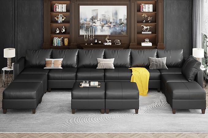 Ease MOOSEO versized Sectional Sofa Modular Couch with Reversible Chaises, Black Faux Leather Sectional Sofa U Shaped Sectional Couch with Storage Large Sleeper Sectional Modular Sofa