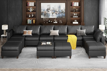Ease MOOSEO versized Sectional Sofa Modular Couch with Reversible Chaises, Black Faux Leather Sectional Sofa U Shaped Sectional Couch with Storage Large Sleeper Sectional Modular Sofa