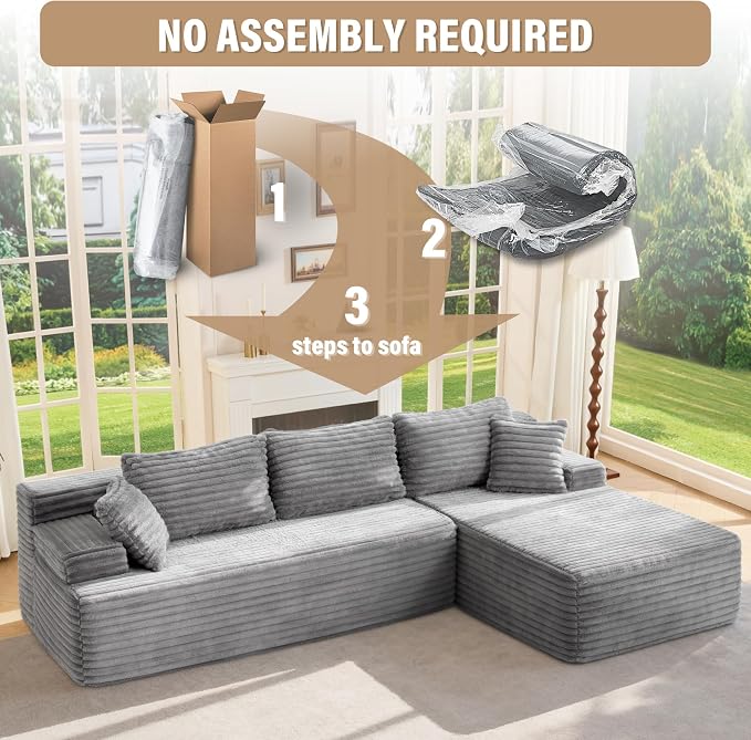 Hobestluk Boneless Couch Modular Sectional Sofa L-Shape Oversized Chaise | 108" Right Facing Chaise Light Grey,Memory Foam,Removable Cover,Non-slip Bottom,No Assemble Required,Living Room Furniture