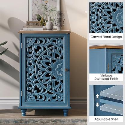 JOINICE Small Accent Cabinet with Hand-Carved Door for Living Room/Bedroom | Hand-Carved Floral Design, Farmhouse/Rustic Style, Space-Saving, Sofa Table, Solid Wood Legs, Adjustable Shelf, Easy Assembly