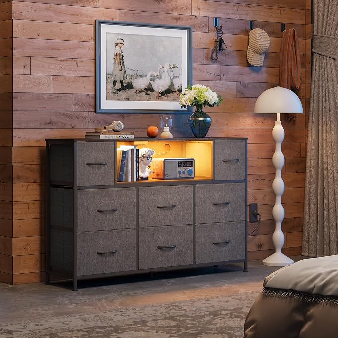 WLIVE Grey Dresser TV Stand for 45, 50, 55 inch TV, Entertainment Center with LED Lights & Charging Station, Chest of Drawers with 8 Fabric Drawers and Open Storage Shelves for Living Room, Hallway
