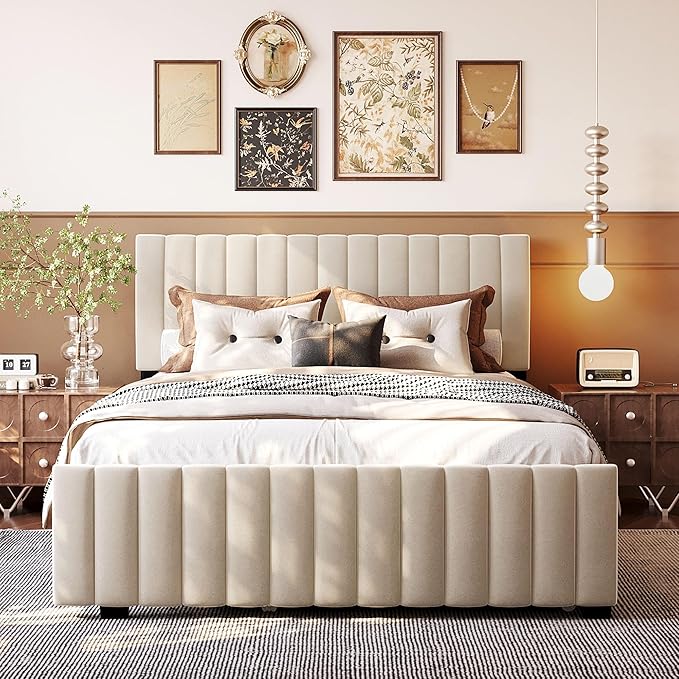 Ball & Cast Queen Bed Frame with Twin XL Size Trundle,Velvet Upholstered Platform Bed Frame Queen Size with Channel Tufted Headboard,Wood Slats Support,No Box Spring Needed,Easy Assembly,Beige