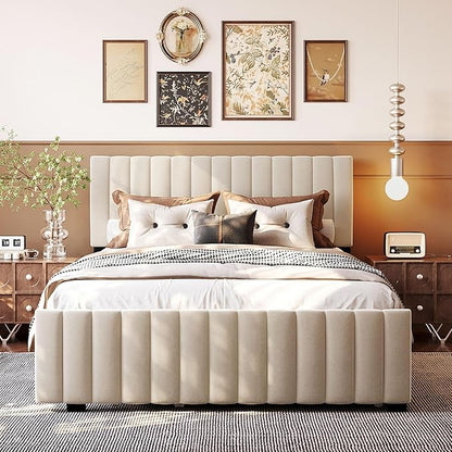 Ball & Cast Queen Bed Frame with Twin XL Size Trundle,Velvet Upholstered Platform Bed Frame Queen Size with Channel Tufted Headboard,Wood Slats Support,No Box Spring Needed,Easy Assembly,Beige