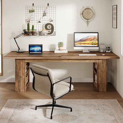 Tribesigns 2-Person Desk, 79-Inch Extra Long Office Desk with Storage Shelves, Work Table, Conference Table for Home Office, Natural Brown