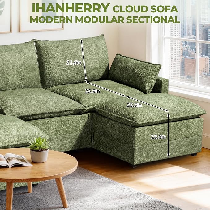 LEVELEVE 112.5" U-Shape Modular Sofa with 2 Ottomans, Deep Seat Cloud Convertible Sleeper, 2 Arm Pillows, Comfortable Upholstered Furniture for Living Room Apartment, Green