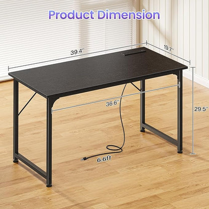 PRAISUN 40 X 20 Inch Computer Desk with Power Outlets and USB-C Port, Gaming Office Desk with Deeper Desktop, Writing Work Desk for Home Office, Study, Bedroom, Work from Home Desk, Metal Frame, Black