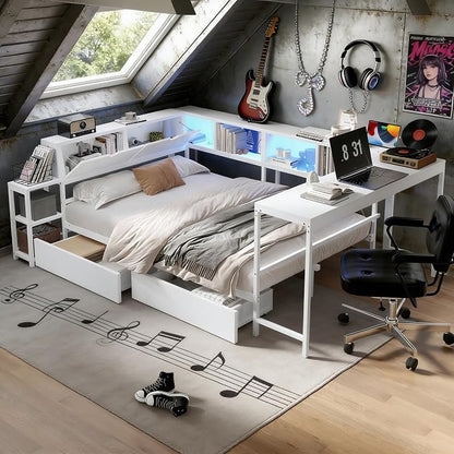 Bellemave Queen Size Corner Bed Frame with Storage Drawers, Bookcase and Side Desk, Queen Corner Bed with Light and Charging Station, Daybed for Bedroom, Living Room, Guest Room White