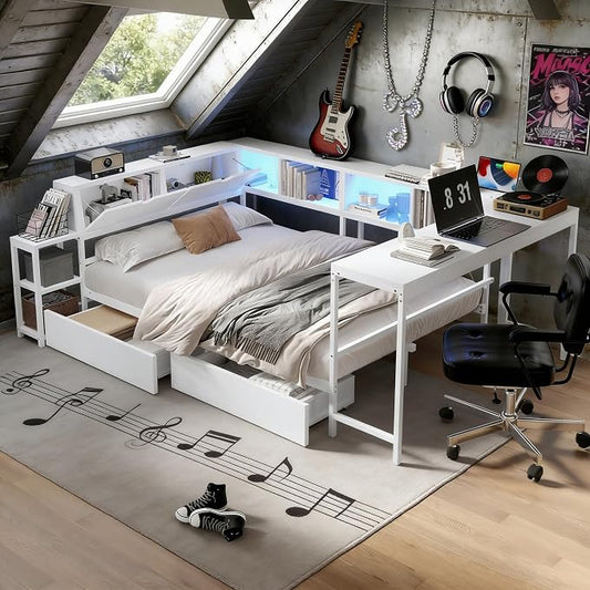 Bellemave Queen Size Corner Bed Frame with Storage Drawers, Bookcase and Side Desk, Queen Corner Bed with Light and Charging Station, Daybed for Bedroom, Living Room, Guest Room White