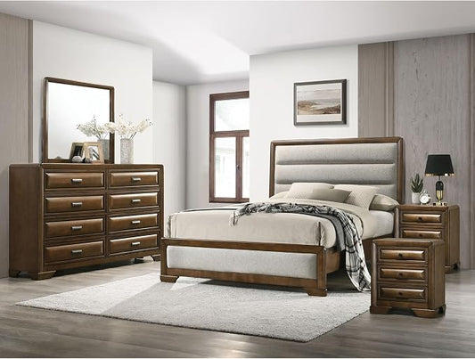 Furniture of America Johan Transitional Solid Wood 5-Piece Queen Panel Bedroom Set with 2 Nightstands, Box Spring Needed, Brown and Light Gray