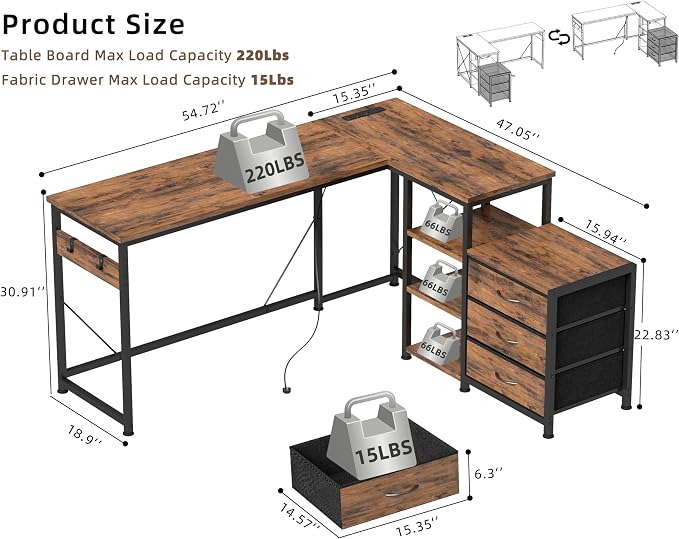 YOSHOOT 55" L Shaped Computer Desk with 3 Fabric Drawers, Gaming Desk | Office Desk with Power Outlets & Open Shelves, Corner Desk L Shape for Home Office Work Study, Rustic Brown