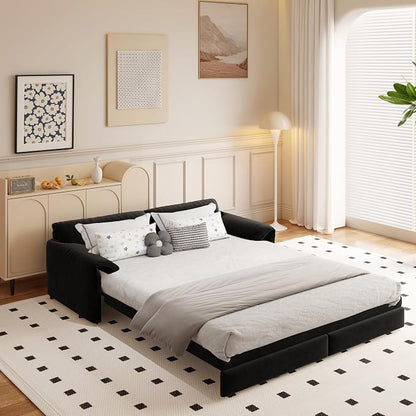 66" Sofa Bed Queen Size, Pull Out Couch Bed, 3-in-1 Convertible Sleeper Sofa with Side Pocket, Modern Velvet Futon Couch for Living Room, Small Space, Apartment, Bedroom, Black