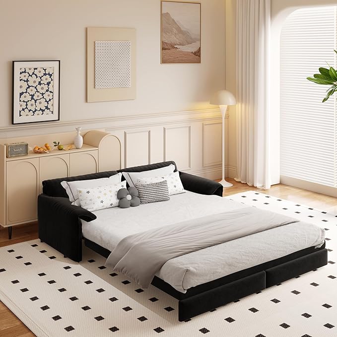 66" Sleeper Sofa Bed Queen Size, 3-in-1 Convertible Couch, Modern Pull Out Couches, Comfy Velvet Futon Sofa, Cloud Loveseat Lounge, Pillow Arm, for Small Spaces, Living Room, Apartment, Black
