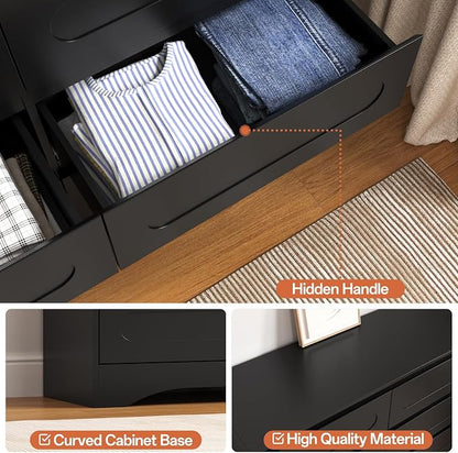 3 Piece Bedroom Set, Dresser and Nightstand Sets for Bedroom | Wood 6 Drawer Dresser & Night Stand Set of 2, Wide Chest of Drawers Modern Storage Cabinet Bedroom Furniture Set, Black