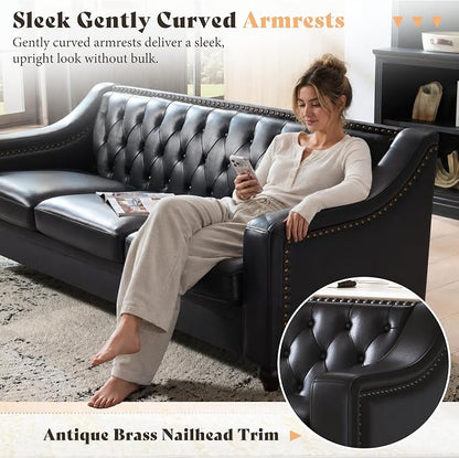 AMERLIFE 80" Leather Sofa, Modern Chesterfield Genuine Leather Sofa, Tufted 3 Seater Black Leather Couch with Curved Arms, Leather Couches for Living Room