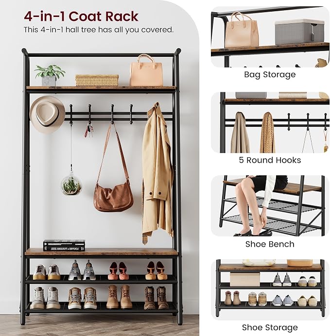Jojoka Coat Rack Hall Tree with Shoe Storage Bench, 4-in-1 Entryway Organizer with 10 Hooks & 3-Tier Shoe Rack, Sturdy Metal Frame Freestanding Storage Unit for Hallway (Brown-Single Row, 39.4in)