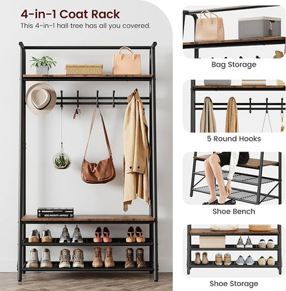 Jojoka Coat Rack Hall Tree with Shoe Storage Bench, 4-in-1 Entryway Organizer with 10 Hooks & 3-Tier Shoe Rack, Sturdy Metal Frame Freestanding Storage Unit for Hallway (Brown-Single Row, 39.4in)