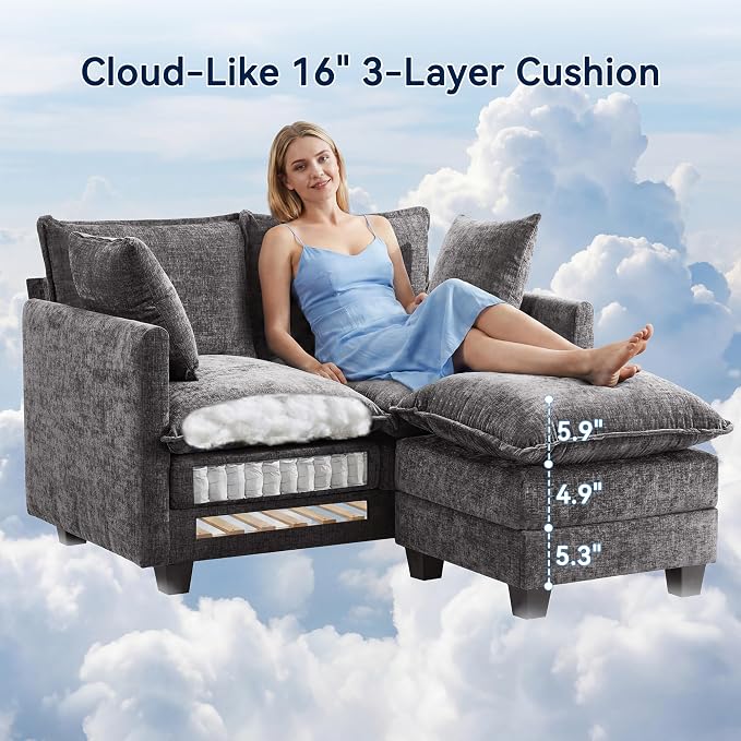 L-Shape Loveseat Sofa Couch with Ottoman, Small 50" Love Seat 27" Deep Cloud Sofa Washable Chenille Pillow for Apartment Bedroom Dorm Attic Studio Office Living Room Small Space 8833-GREY-L