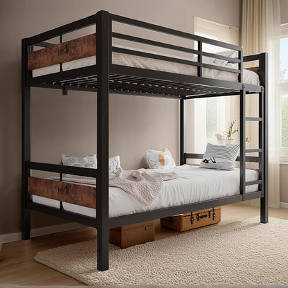 Bunk Bed Twin Over Twin, Heavy Duty Metal Bunkbeds with Full-Length Guardrail, Space-Saving Steel Bed for Kids & Adults, No Box Spring Required, Rustic Brown