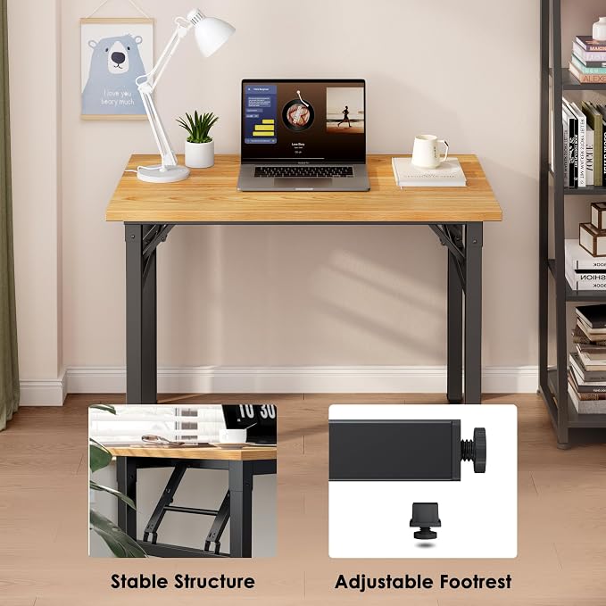 Need 35.8 Inch Folding Desk for Small Spaces, Home Office Computer Desk with Teak Wood Top & Black Frame, Foldable Writing Table for Study, Bedroom, Dorm Room & Student