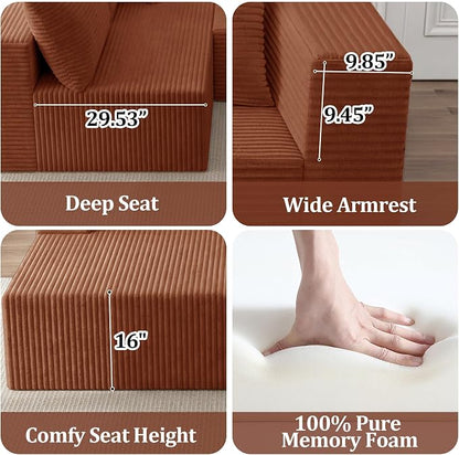 108" Modular Sectional Sofa, L-Shaped Cloud Couch with Deep Seats & Chaise,Convertible 4-in-1 Corduroy Boneless Couches for Living Room,Bedroom,No Need Assembly - Brown(Right Facing Chaise)