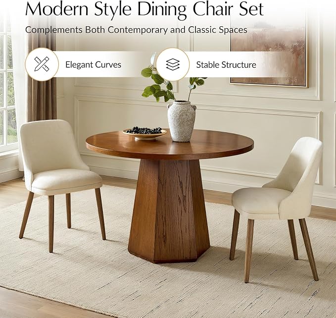 Upholstered Dining Chairs Set of 6, Fabric Dining Room Chairs with Curved Backrest, Solid Wood Legs, Modern Kitchen Chairs for Dining Room Living Room, Ivory