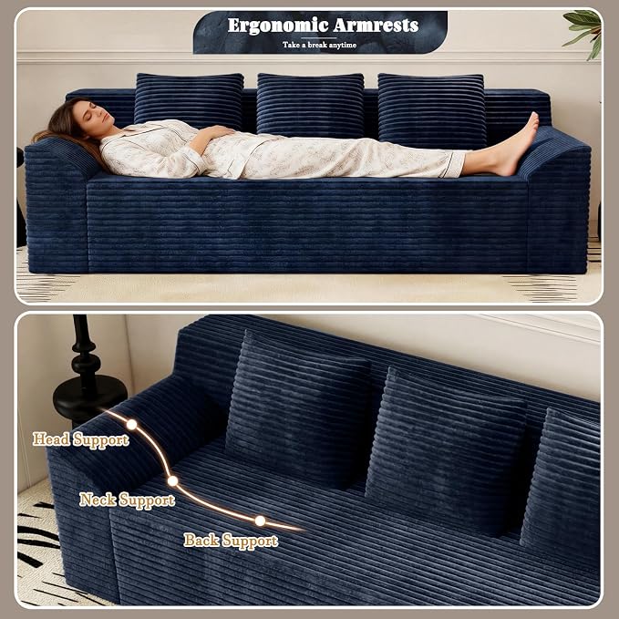 71" Corduroy Living Room Sofa, 3 Setaser Deep Seat Couch with 3 Lumbar Pillows, Comfy Boneless Sofa Modern Compressed Couch for Bedroom, Office, Apartment, No Assembly, Curved Armrests (Blue)
